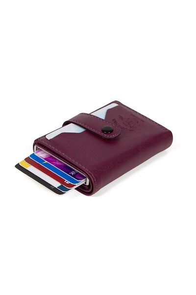 tuldar Unisex Purple Leather RFID Protector Aluminum Automatic Mechanism Paper Money Compartment Card Holder And Wallet