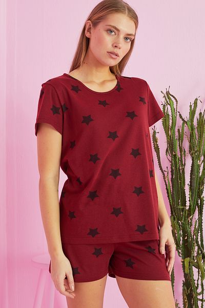 Siyah İnci Set pantaloni scurți-pijamale din bumbac cu model stea burgundy