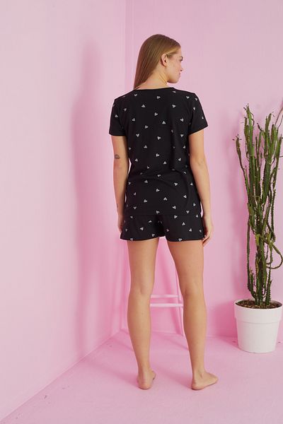 Siyah İnci black heart patterned Cotton Shorts-Pajamas Set