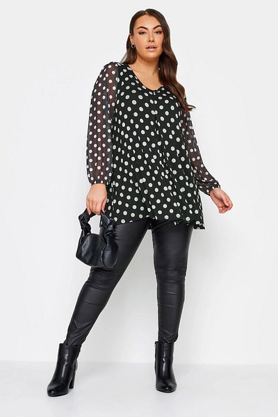 Stil Diva Plus Size Long Sleeve Tulle Detailed Pleated V-Neck Blouse302825