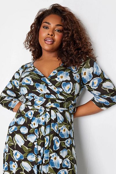 Stil Diva Plus Size Floral Patterned Waist Belted Double Breasted Collar Long Dress302632