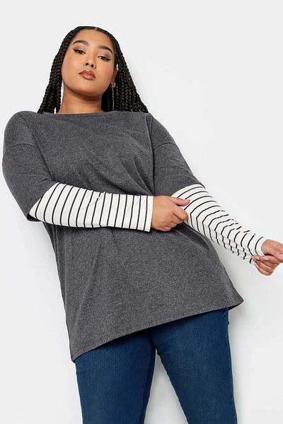 Stil Diva Large Size Crew Neck Double Layer Sleeves Striped T-shirt302764