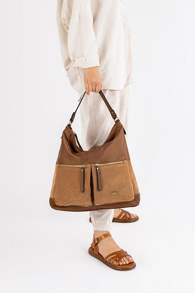 Getcho Aspen Camel Genuine Leather Suede Women's Shoulder Bag Large Size Stylish Model with Large Volume Zippered Pocket