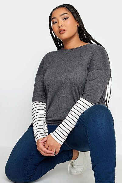 Stil Diva Large Size Crew Neck Double Layer Sleeves Striped T-shirt302764