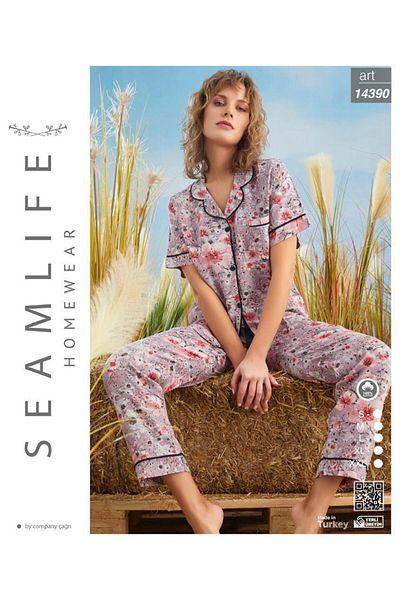 seamlife WOMEN'S SHORT SLEEVE WOVEN SHIRT PYJAMAS SET