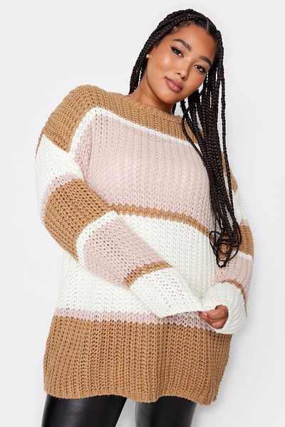 Stil Diva Large Size Crew Neck Color Block Knitwear Knitted Sweater302317