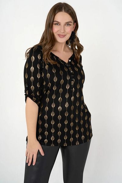 Stil Diva Plus Size V-Neck Snap Buttoned Fakir Sleeve Long Cut Blouse E15244