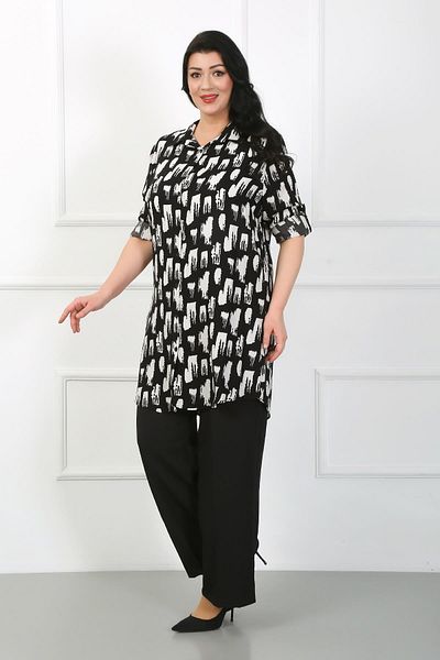 By Alba Collection Women's Black Patterned Cotton Viscose Large Size Tunic