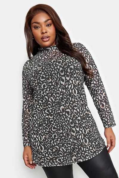 Stil Diva Plus Size Neck Collar Sleeves Tulle Detailed Lined Leopard Print Blouse302698