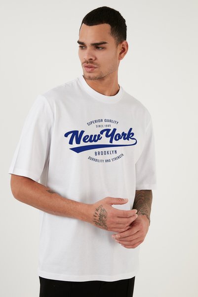 offsidesign Unisex Oversize White T-Shirt New York Navy Blue Design Printed T-Shirt Short Sleeve
