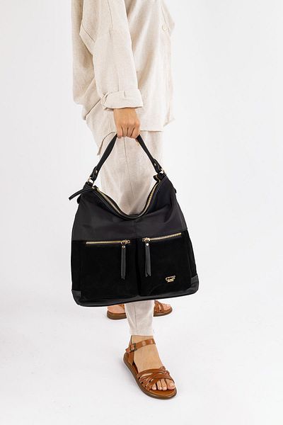 Getcho Aspen Black Genuine Leather Suede Women's Shoulder Bag Large Size Stylish Model with Large Volume Zippered Pocket