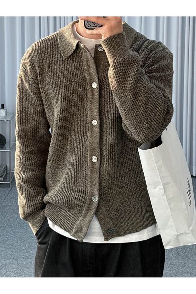 Tarz Cool Brown Button Detailed Regular Fit Cardigan