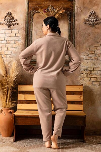 CALİA Γυναικείο σετ πιτζάμες με μακρυμάνικο φλις με κουμπιά Battal Plus Size