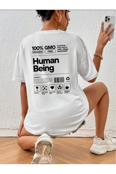 offsidesign Unisex Oversize T-Shirt Human Being Design Back Printed T-Shirt Short Sleeve Summer T-Shirt