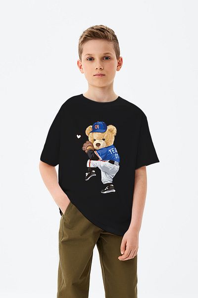 ADABEBEK Playing Baseball Teddy Bear Printed Boys' T-Shirt
