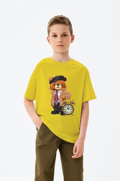 ADABEBEK Toy Teddy Bear Printed Boys' T-Shirt with Alarm Clock and Hat