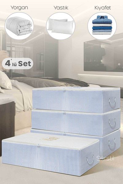 Serstil 4 Bucuri - Geanta de depozitare cu dungi albastre Mega Size Sub Baza 74 x 46 x 22 cm