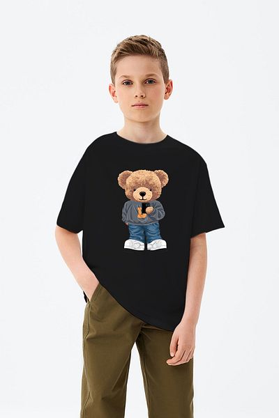ADABEBEK Teddy Bear Printed Boys' T-Shirt Taking Photos