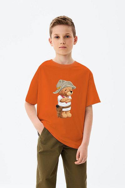 ADABEBEK Cowboy Teddy Bear Printed Boys' T-Shirt with Hat