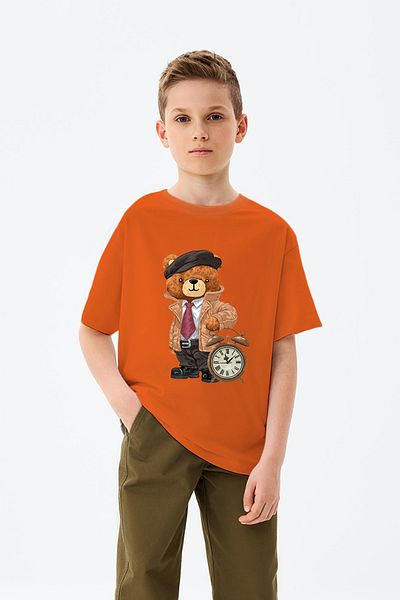 ADABEBEK Toy Teddy Bear Printed Boys' T-Shirt with Alarm Clock and Hat