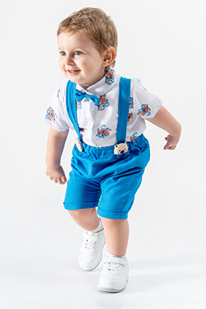 Jikko Baby Papyonlu Ayıcık Gömlekli Yazlık Muslin 3'lü Salopet Set