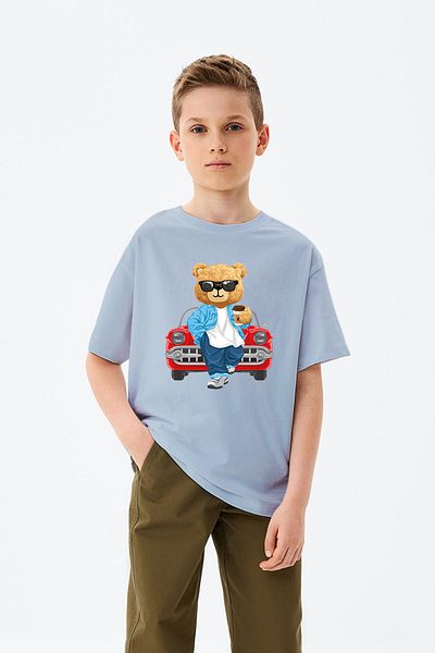 ADABEBEK Tricou pentru băieți cu imprimeu ursuleț cu pahare de cafea cu detalii de mașină