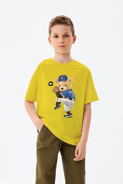 ADABEBEK Playing Baseball Teddy Bear Printed Boys' T-Shirt