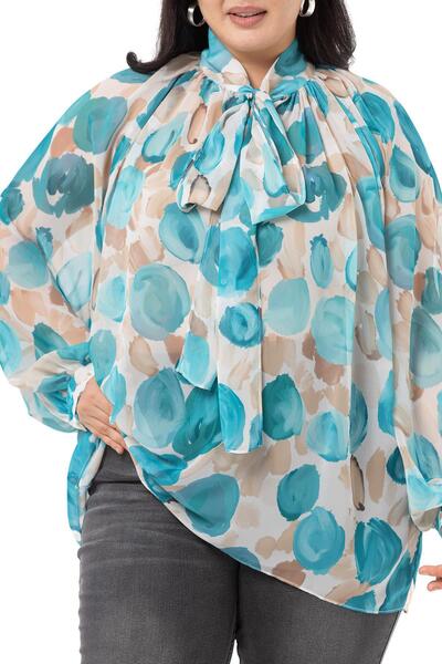 DISENTIS MODEST Plus Size Chiffon Turquoise Blouse with Scarf and Pleated Back and Wide Cut Cuffs