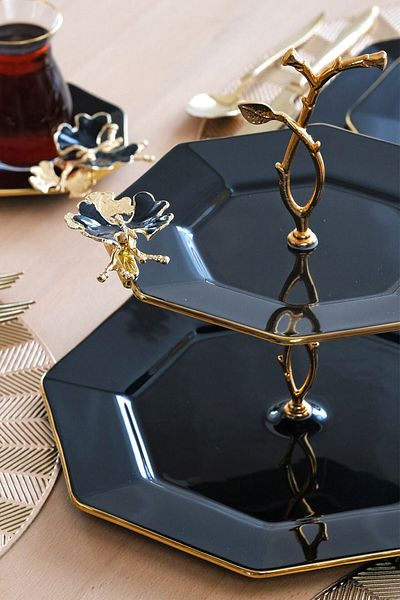 Glore Dolmabahçe Octagonal Black Gold Gilt Glass Cookie Holder
