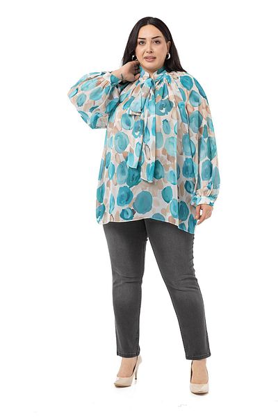 DISENTIS MODEST Plus Size Chiffon Turquoise Blouse with Scarf and Pleated Back and Wide Cut Cuffs