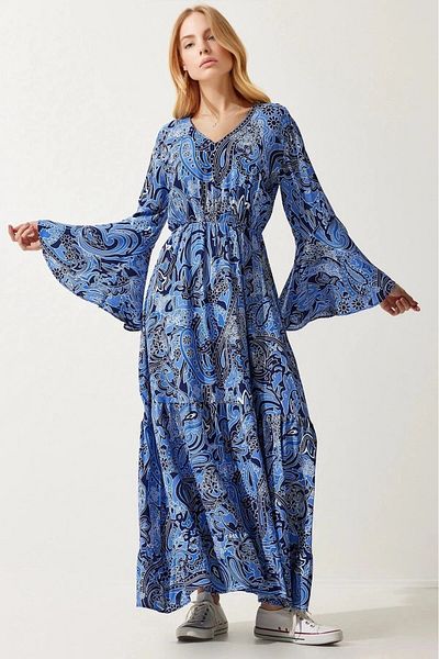 hazelin Rochie de vară lungă de vară cu mânecă spaniolă cu model albastru, cu talie elastică HZL24S-BD124541