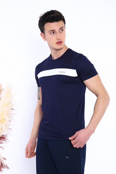 Escetic Men's Navy Blue Sports Bagel Collar Slimfit Breathable Flush Vanize Single Jersey Fabric T-shirt 0831