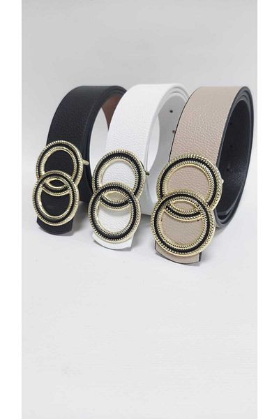 Kemerix Double-Way Black-White-Mink 3-Piece Belt Set with Gold Buckle for Women