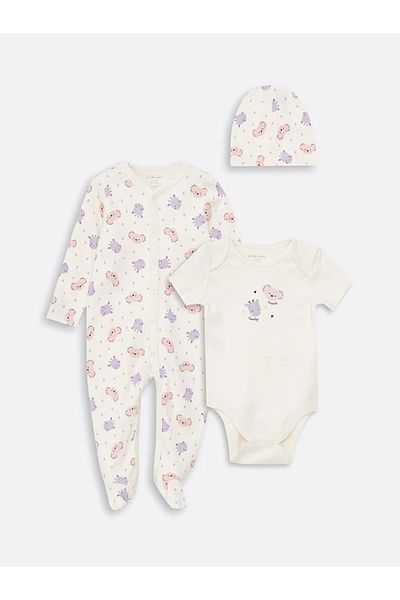 LC Waikiki LCW Baby Rundhals-Bedrucktes Baby-Krankenhausausgangsset, 3-teilig