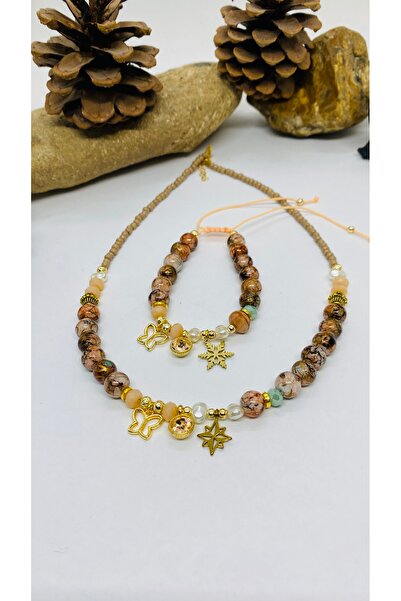 Porsuk Alternatif مجموعة أساور وقلادة نسائية مصنوعة يدويًا من الخرز الزجاجي