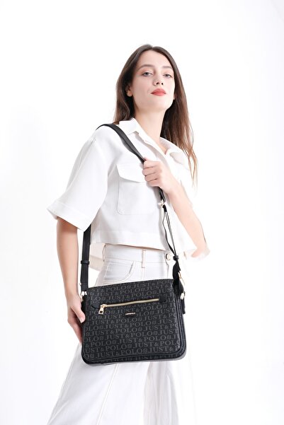 Just Polo Siyah Desenli 5 Bölmeli Kadın Çapraz Omuz Çantası