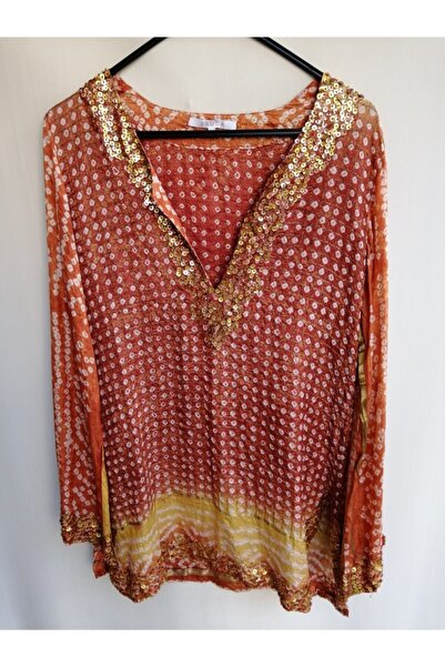 BRUGA Kadın Otantik Ipek Kiremit Altın El Işi Pul Boncuk Nakışlı Tunik