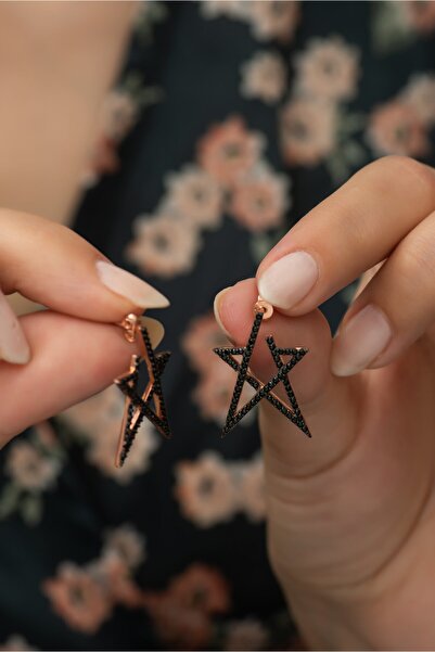 Nereze 925 Ayar Siyah Yıldız Çift Küpe Kadın Gümüş Küpe