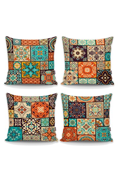 Realhomes Büyük Geometrik Etnik Tasarımlı 4'lü Kırlent Kılıfı Seti