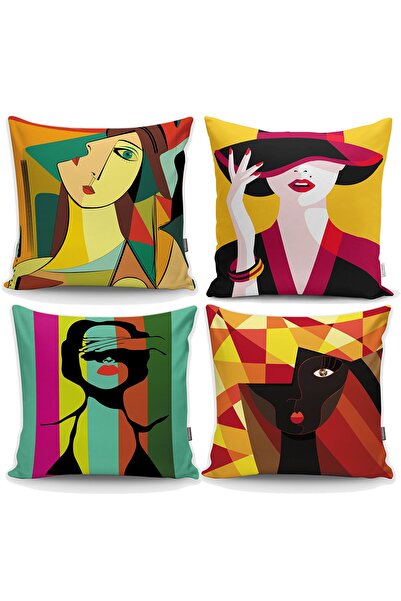 Realhomes Soyut Renkli Porte Çizimli 4'kırlent Kılıfı Seti