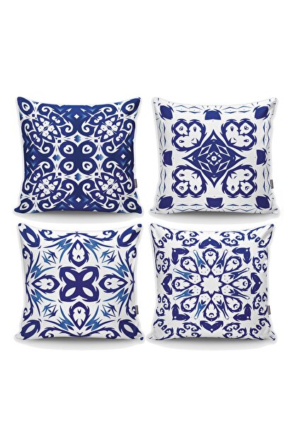 Realhomes طقم غطاء وسادة رمي بنمط سيراميك أزرق وأبيض مكون من 4 قطع