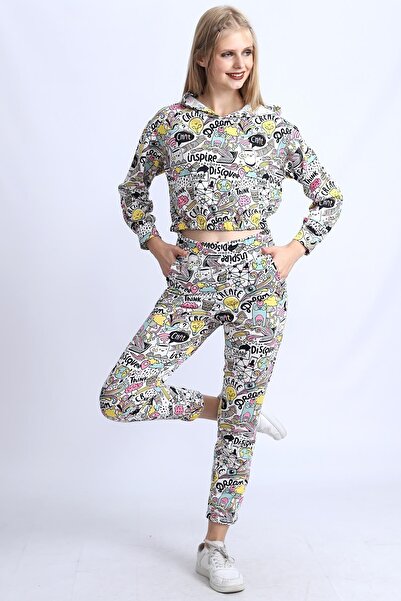 Deafox Kadın Beyaz Kapüşonlu Eşofman Takımı