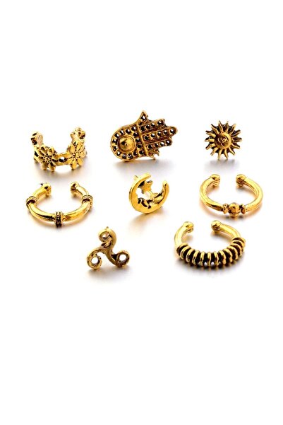 VipBT Altın Sarısı Tayfun Ay Ve Yıldız Ear Cuff Manşet Küpe 8 Parça - E0262