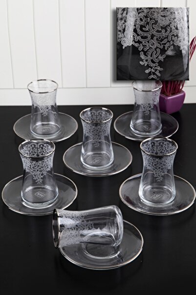 WuuQ Lüx Platin Dantel Desen Çay Seti - 6 Kişilik