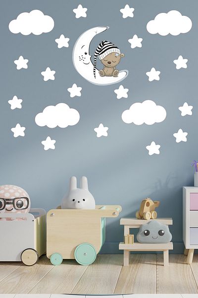 Tilki Dünyası Sleeping Teddy Bear White Stars And Clouds Decorative Baby Kids Room Wall Sticker