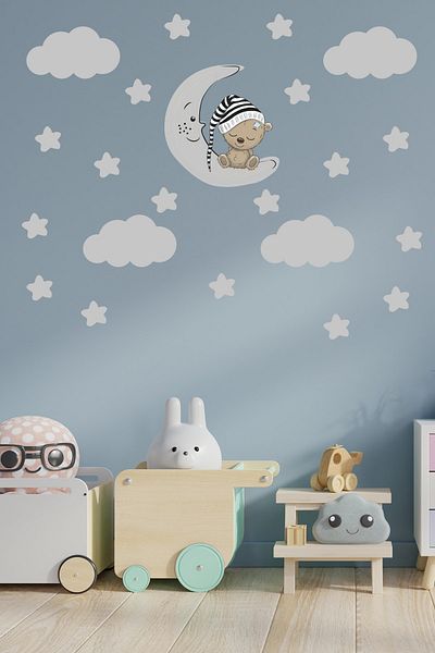 Tilki Dünyası Autocolant decorativ pentru cameră pentru copii, urs adormit, stele gri și nori gri
