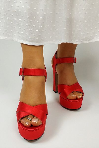 CL CALZATURE Women's Red Thick Heel Platform Open Strap Satin Shoes