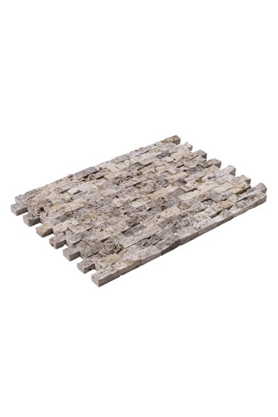 Taş Dekorasyon Gümüş Traverten Doğal Patlatma Taş Duvar Fileli 2.5 X 5 cm