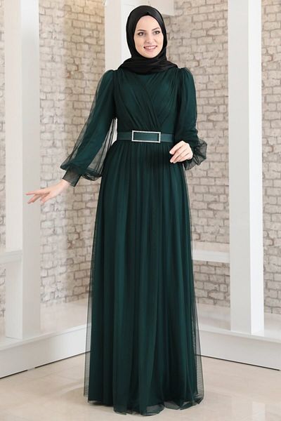 Fashion Showcase Rochie de seara de dama verde petrol cu detaliu din tul cu pietre Fsc2020
