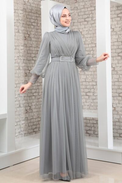 Fashion Showcase Rochie de seară cu curea de damă, cu detaliu din tul, gri - Fsc2020